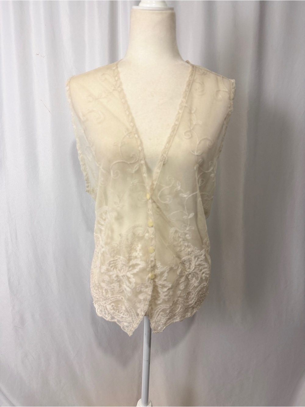 Vtg Jacque & Koko Ivory Lace Embroidered Sheer Vest Top Boho Cottagecore 14/16